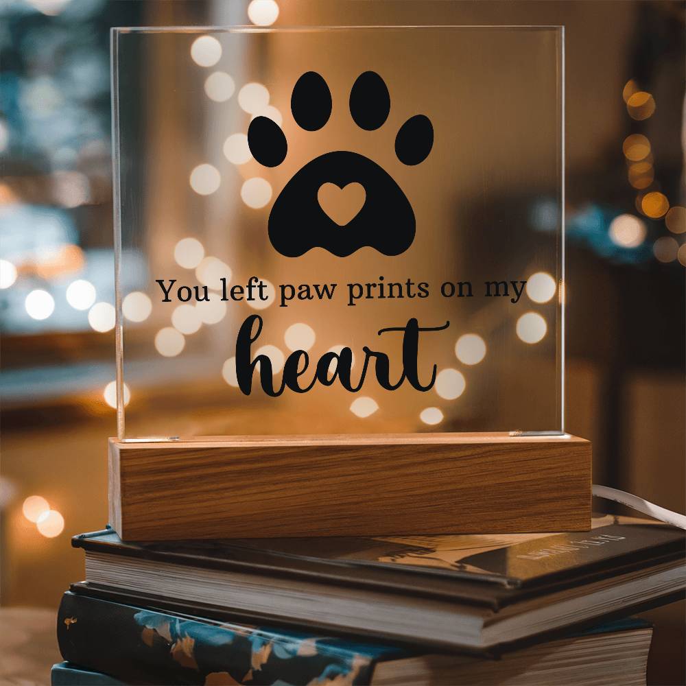 Paw Prints on My Heart Pet Memorial Acrylic Plaque & LED Base