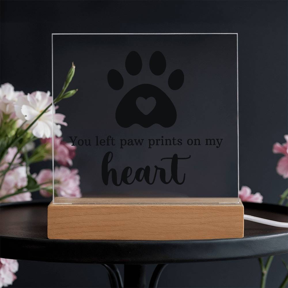 Paw Prints on My Heart Pet Memorial Acrylic Plaque & LED Base