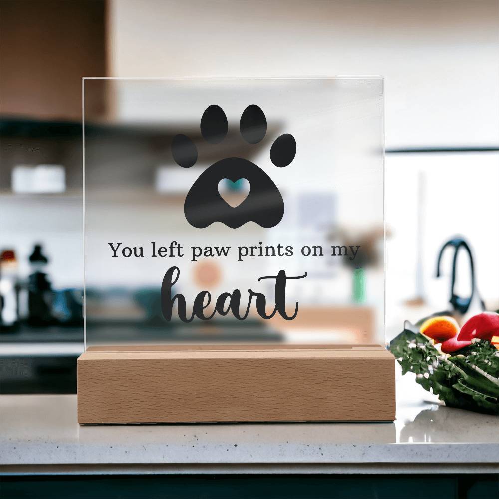 Paw Prints on My Heart Pet Memorial Acrylic Plaque & LED Base
