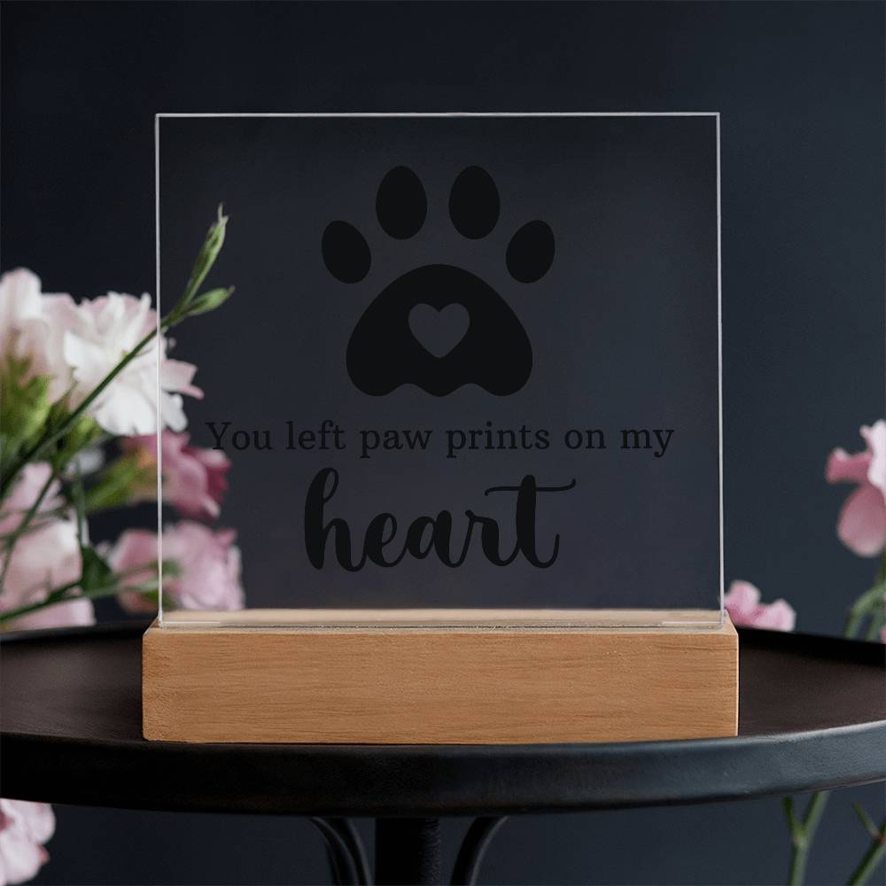 Paw Prints on My Heart Pet Memorial Acrylic Plaque & LED Base
